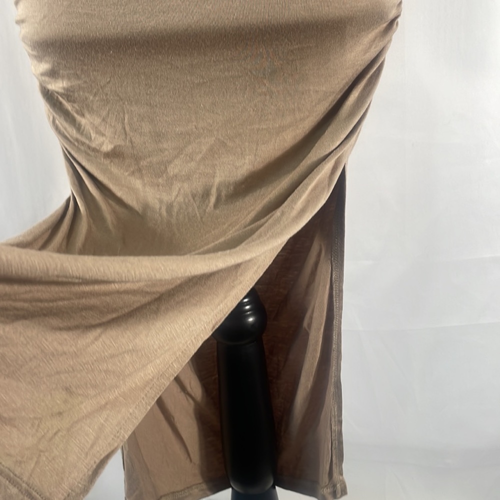 Tan,Fitted, ruched at sides sleeveless maxi dress, scoop neck,small - Picture 3 of 10